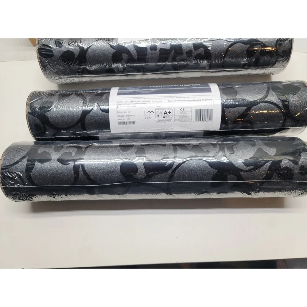 Graham & Brown 19911 Barbara Hulanicki Flock Skulls Midnight Black Wallpaper Lot